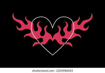 Vector design set, flames and fire, acid neo tribal shapes, y2k elements and abstract illustrations in gothic style, heart and love symbols, gothic and acid tattoos and print templates