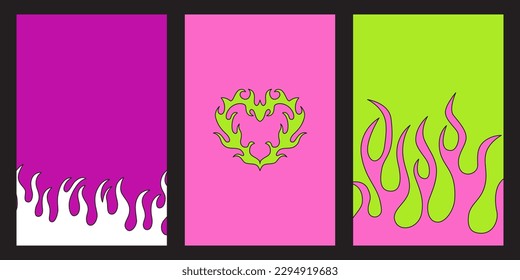 Vector design set, flames and fire, acid neo tribal shapes, y2k elements and abstract illustrations in gothic style, heart and love symbols, gothic and acid tattoos and print templates