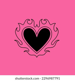 Vector design set, flames and fire, acid neo tribal shapes, y2k elements and abstract illustrations in gothic style, heart and love symbols, gothic and acid tattoos and print templates