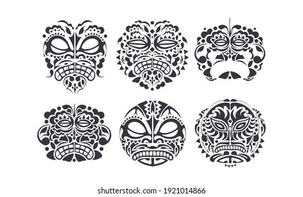 Vector design set - folk art tribal background. Hawaiian and Polynesian Tiki head totem.