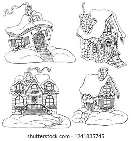 Vector design set with graphic decorated cottage houses for Christmas and New Year concept. Vector hand drawn winter background with cartoon illustration for decorations