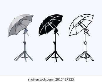 Vector design set illustrating studio white flash umbrellas on adjustable tripods in flat color, silhouette, and line styles.