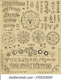 Vector design set with magic letters, pentacle, runes, zodiac, seals. Esoteric and occult illustration with mystic and gothic symbols. No foreign language, all elements are fantasy.