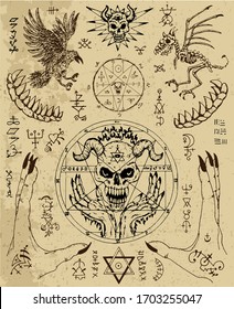 Vector design set with magic seals, demon face, hands, crow and skeleton. Esoteric and occult illustration with mystic and gothic symbols. No foreign language, all elements are fantasy.