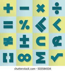  Vector design set of mathematical symbols, abstract, flat image, blue, green squares, shadows