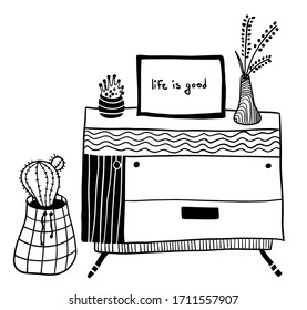 vector design set: modern commode with cactus in the pot and flowers in the vase 