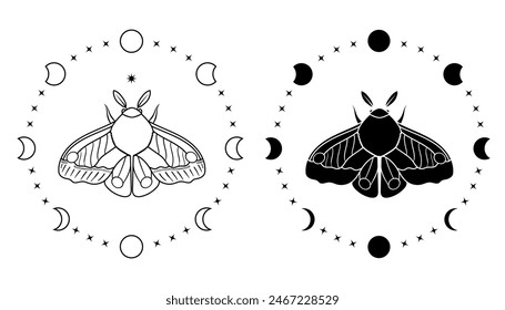 Vector design set with moth in a circle of stars and moon phases in black color