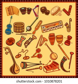 Vector design of Set of Music instrument in India desi folk art style