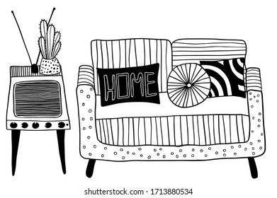 vector design set of old TV with antennas and cactus and striped sofa with pillows