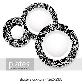 vector design for a set of plates of different sizes decorated with black and white wavy pattern