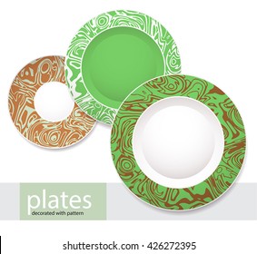 vector design for a set of plates of different sizes decorated with green and brown wavy pattern