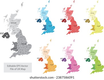 Vector design set of political UK map with countries,states and capital name,border.Detailed abstract colorful modern illustration for presentation,report,chart,t-shirt, geographical template.eps10 