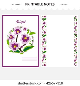 Vector design set of printable paper. Beautiful cover and pages lists for school notebook, diary, sketchbook, letter or note. A4 size, options without line. Flower art