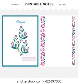 Vector design set of printable paper. Beautiful cover and pages lists for school notebook, diary, sketchbook, letter or note. A4 size, options without line. Flower art