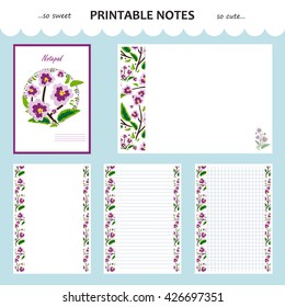 Vector design set of printable paper. Beautiful cover and pages lists for school notebook, diary, sketchbook, letter or note. A4 size, options with line, squared, without line. Flower art