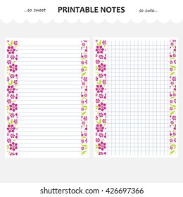 Vector design set of printable paper. Beautiful pages lists for school notebook, diary, sketchbook, letter or note. A4 size, options with line, squared. Flower art