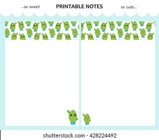 Vector design set of printable paper. Kawaii pages, lists with cute hand-drawn cactus for school notebook, diary, sketchbook, letter, note, composition book. Without line