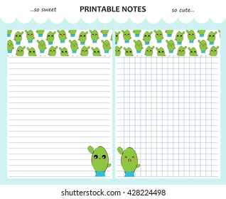 Vector design set of printable paper. Kawaii pages, lists with cute hand-drawn cactus for school notebook, diary, sketchbook, letter, note, composition book. Lined, squared