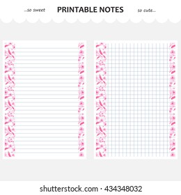 Vector design set of printable paper. Beautiful pages lists for school notebook, diary, sketchbook, letter or note. A4 size, options with line, squared. Flower art