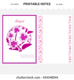 Vector design set of printable paper. Beautiful cover and pages lists for school notebook, diary, sketchbook, letter or note. A4 size, options without line. Flower art