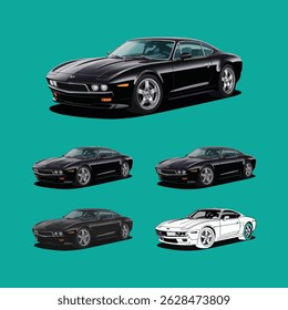 Vector Design Set of a Retro Style Muscle Car in Black with High Gloss Finish

