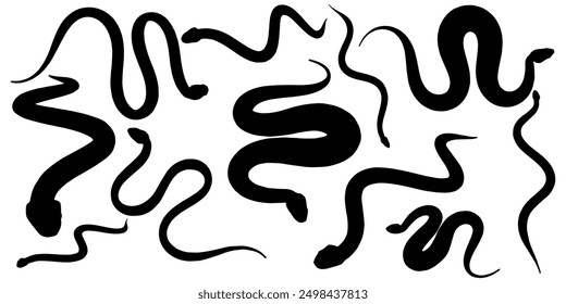 Vector design set of silhouettes of various types of snakes