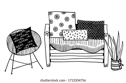 vector design set: sofa with ornate pillows, comfortable armchair and little house plant in the pot