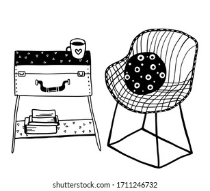 conjunto de diseño vectorial: sillón estilo con almohada y maleta de mesa con taza y libros