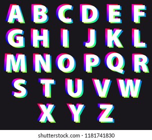 Vector design set. The style of Neon Glitch. White bold font with double exposure. Abstract colorful vector font. Abstract colorful type. Fashionable neon glowing letters.