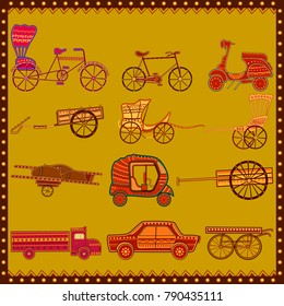 Vector design of Set of transport in India desi folk art style