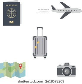 Vektordesign einer Reihe von Reise-Icons: Flugzeug, Reisepass, Koffer, Karte und Kamera.