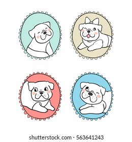 Vector design set vintage frame of outline bulldog.Doodle style.