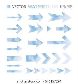 Vector design set - watercolor arrows. Isolated objects on a white background. Diffrent shapes - thick, big, small... Use as decoration or illustration to report, slideshow, banner etc. Eps 10