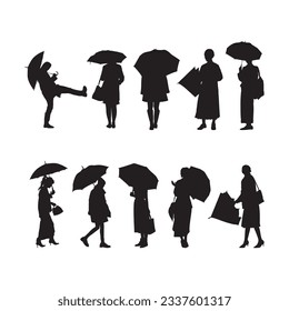Vector design set women with umbrella silhouette