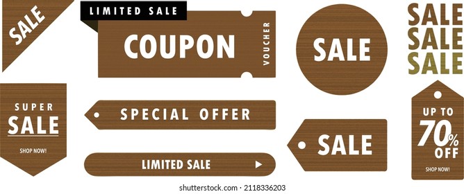 Vector design set of wooden sale coupons, tags, icons