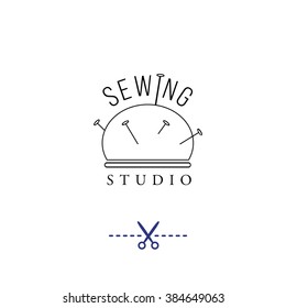 Vector design for sewing studio or shop. Tailor logo. Cushion shape, pin. Can be used for logo and brand design, advertisement, shops, banners, print projects.