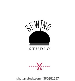 Vector design for sewing studio or shop. Tailor logo. Cushion shape, pin. Can be used for logo and brand design, advertisement, shops, banners, print projects.