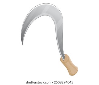 vector design of a sharp tool usually used to cut grass or weeds called a celurit or sickle with a handle made of brown wood