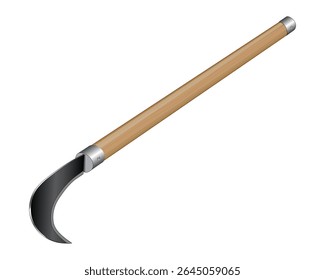 vector design of a sharp tool usually called a grass sickle with a long wooden handle which is useful for cutting grass or plants