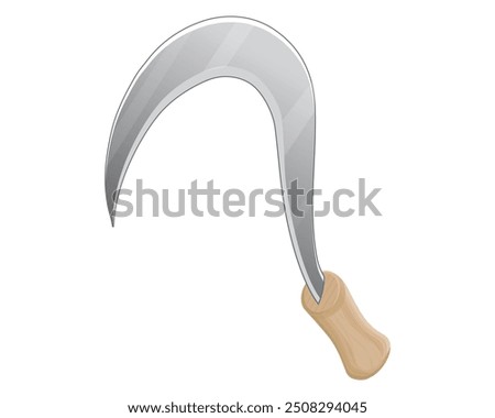 vector design of a sharp tool usually used to cut grass or weeds called a celurit or sickle with a handle made of brown wood