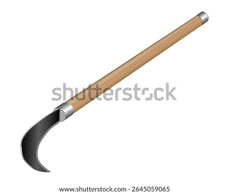 vector design of a sharp tool usually called a grass sickle with a long wooden handle which is useful for cutting grass or plants