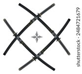 Vector design Sheathed Katanas crossed with shuriken, katana and shuriken from ancient feudal Japan, used by samurai and ninja warriors