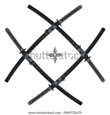 Vector design Sheathed Katanas crossed with shuriken, katana and shuriken from ancient feudal Japan, used by samurai and ninja warriors