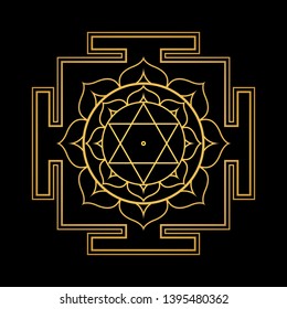 vector design shiny gold Bhuvaneshvari aspect Yantra Dasa Mahavidya sacred geometry divine mandala illustration bhupura lotus petals isolated black background  
