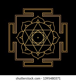 vector design shiny gold Devi Kamala aspect Kamalatmika Yantra Dasa Mahavidya sacred geometry divine mandala illustration bhupura lotus petals isolated black background  
