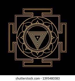 vector design shiny gold Maha Kali aspect Yantra Dasa Mahavidya sacred geometry divine mandala illustration bhupura lotus petals isolated black background  