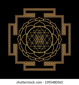 vector design shiny gold Tripura Sundari Shodashi aspect Yantra Dasa Mahavidya sacred geometry divine mandala illustration bhupura lotus petals isolated black background  
