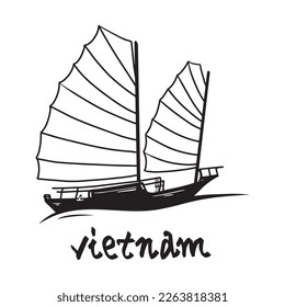 Vector design of ship, boat and vietnamese national sign. Logotype ink illustration eps 10