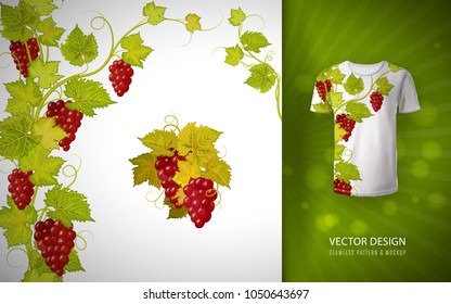 Vector design for shirts, blouses, T-shirt. Grapes branch. Colorful embroidery.