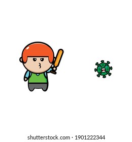 Vector design of short haired boy throwing coronavirus baseball bat battering